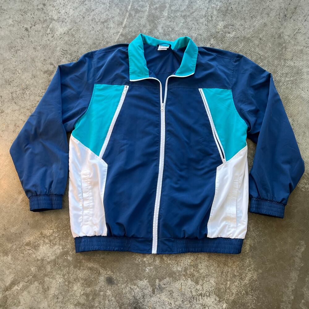 John Blair XL Retro Colorblock Windbreaker Jacket Navy Teal White